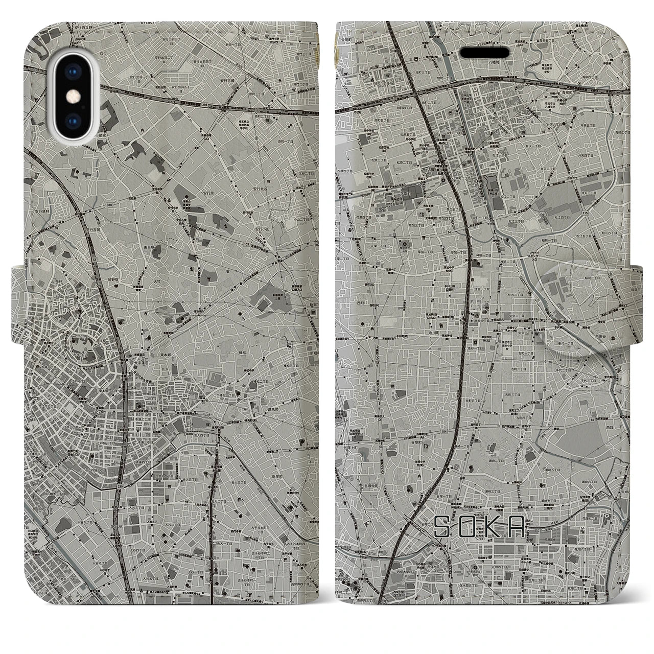 【草加(埼玉県)】地図柄iPhoneケース(手帳タイプ)モノトーン・iPhone XS Max 用