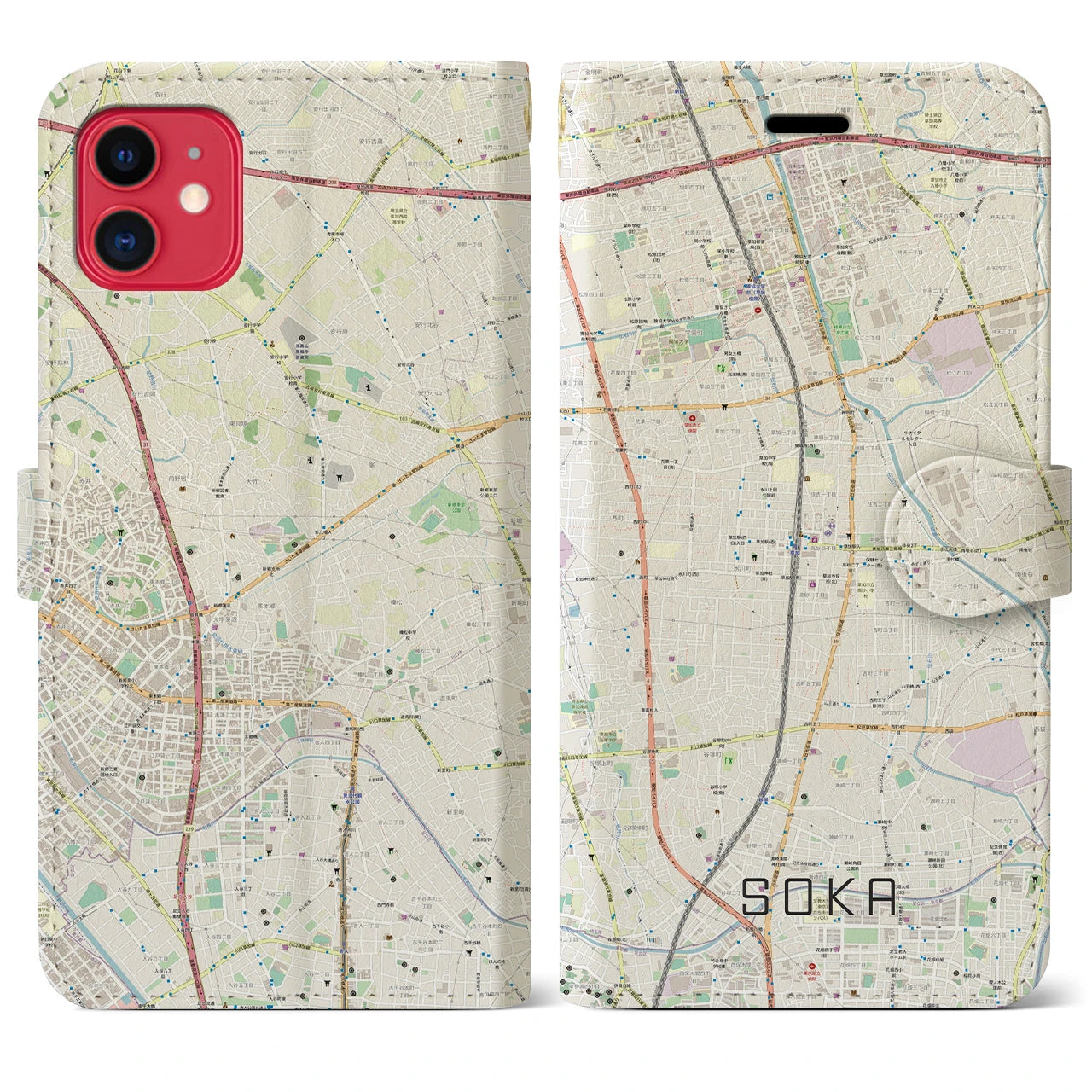 【草加(埼玉県)】地図柄iPhoneケース(手帳タイプ)ナチュラル・iPhone 11 用