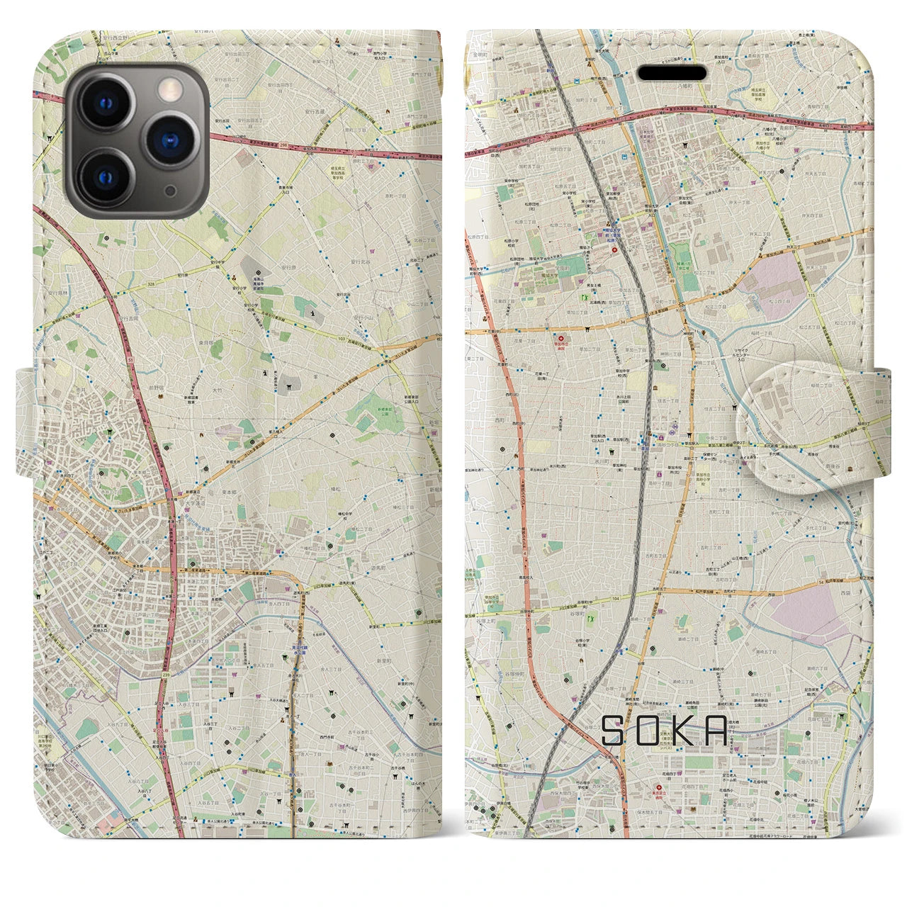 【草加(埼玉県)】地図柄iPhoneケース(手帳タイプ)ナチュラル・iPhone 11 Pro Max 用