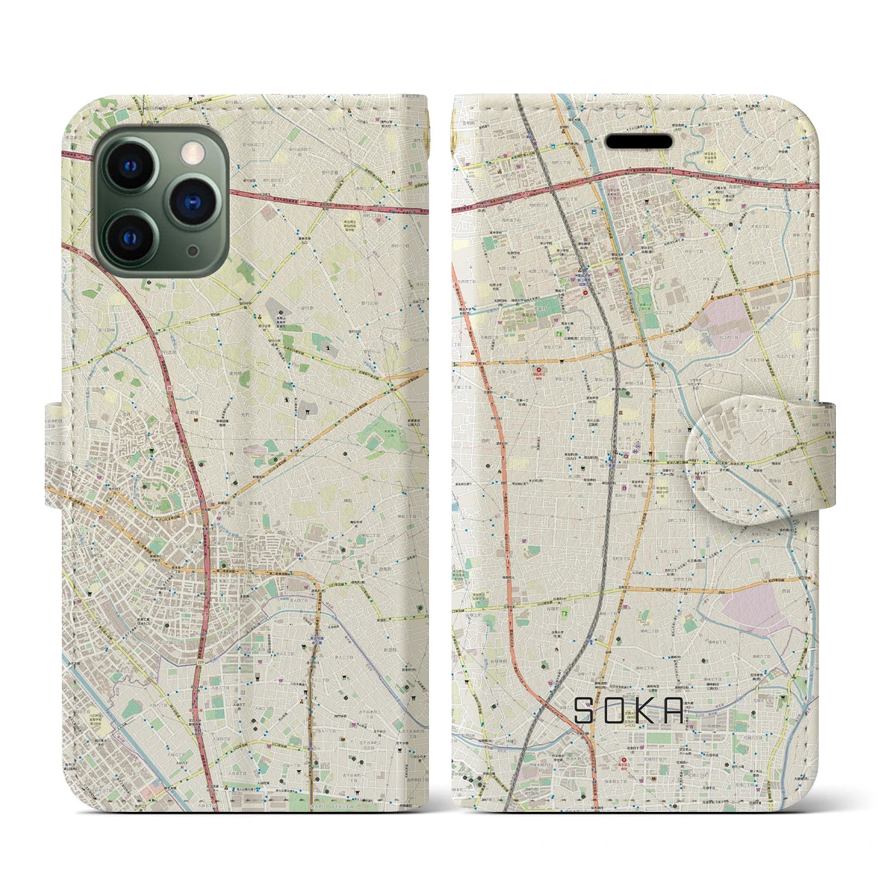 【草加(埼玉県)】地図柄iPhoneケース(手帳タイプ)ナチュラル・iPhone 11 Pro 用