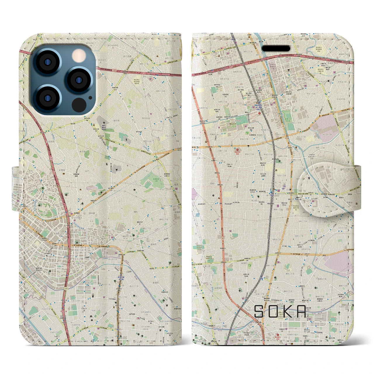 【草加(埼玉県)】地図柄iPhoneケース(手帳タイプ)ナチュラル・iPhone 12 / 12 Pro 用