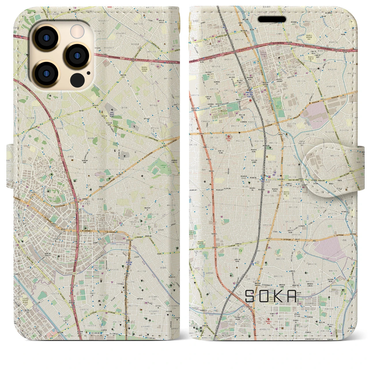 【草加(埼玉県)】地図柄iPhoneケース(手帳タイプ)ナチュラル・iPhone 12 Pro Max 用