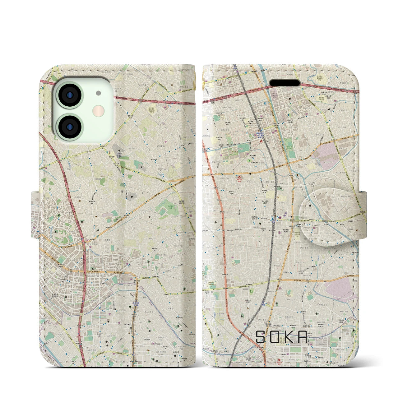 【草加(埼玉県)】地図柄iPhoneケース(手帳タイプ)ナチュラル・iPhone 12 mini 用