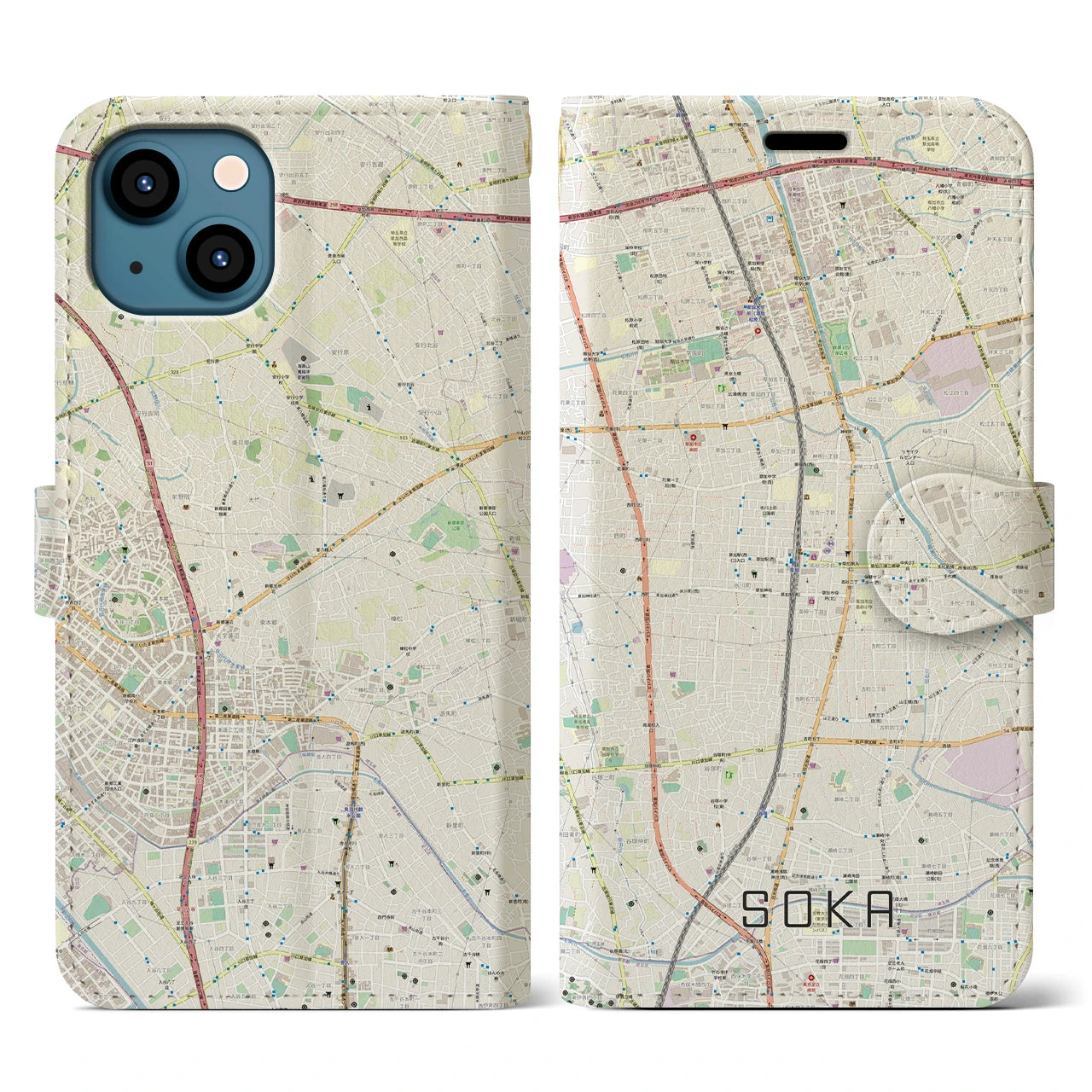 【草加(埼玉県)】地図柄iPhoneケース(手帳タイプ)ナチュラル・iPhone 13 用