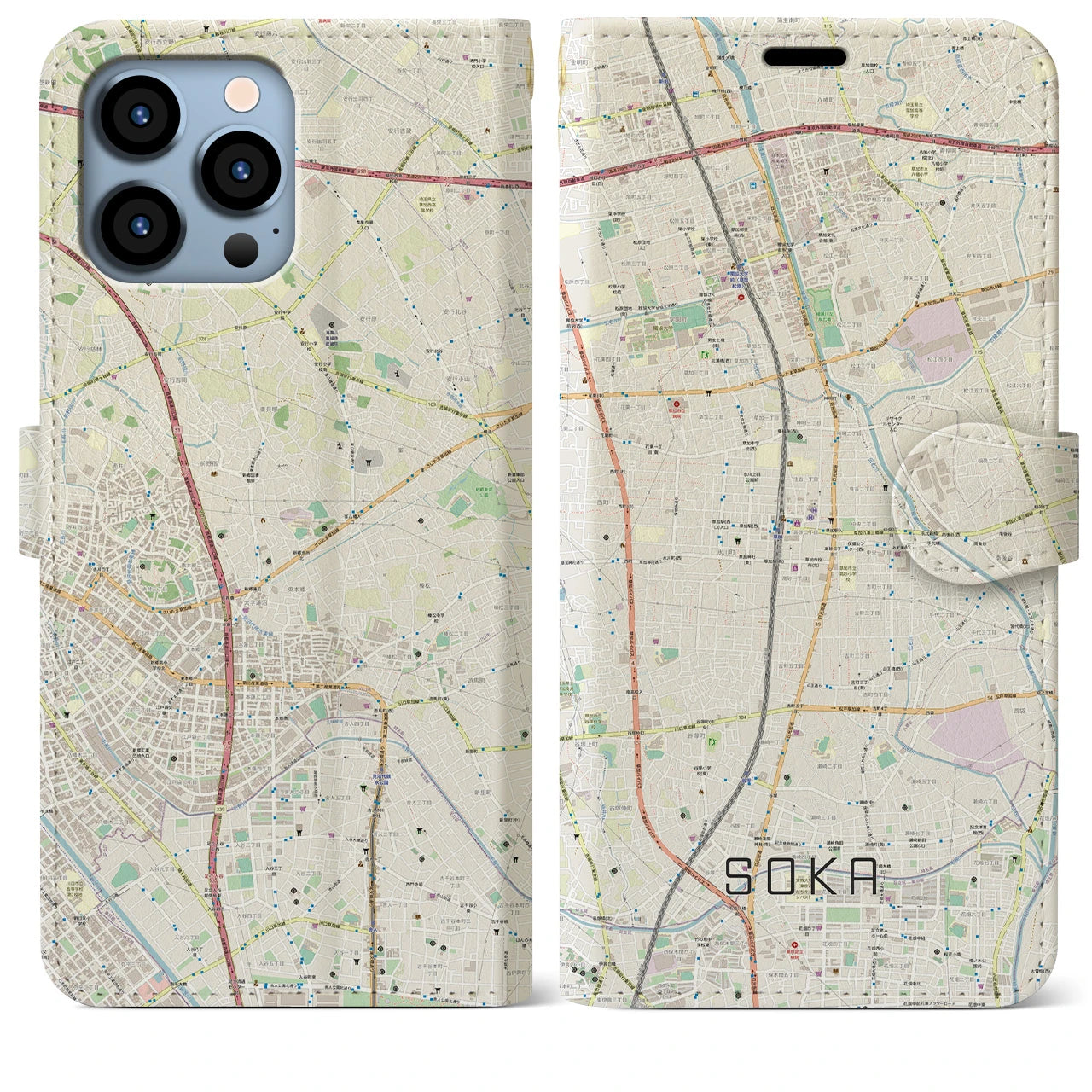 【草加(埼玉県)】地図柄iPhoneケース(手帳タイプ)ナチュラル・iPhone 13 Pro Max 用