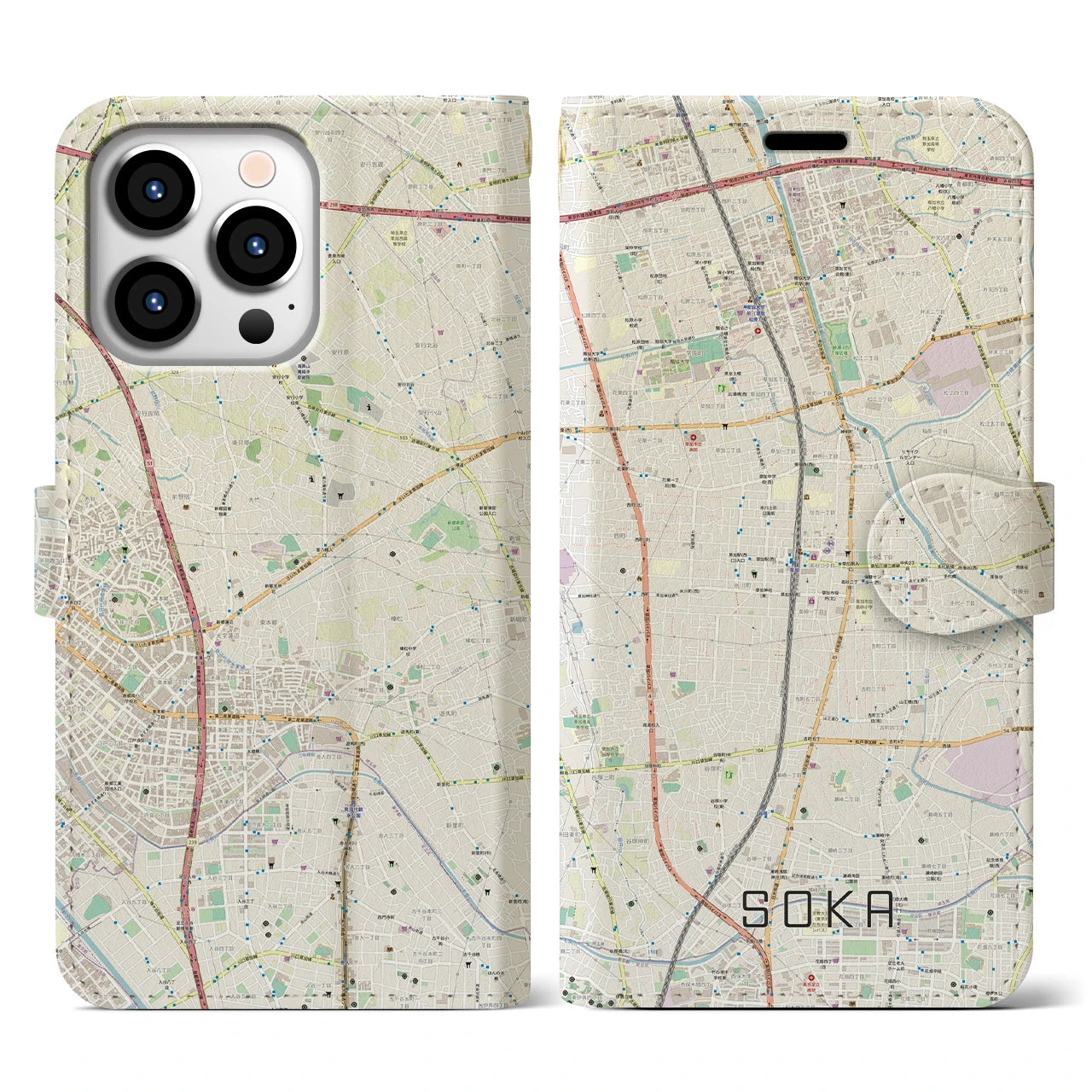 【草加(埼玉県)】地図柄iPhoneケース(手帳タイプ)ナチュラル・iPhone 13 Pro 用