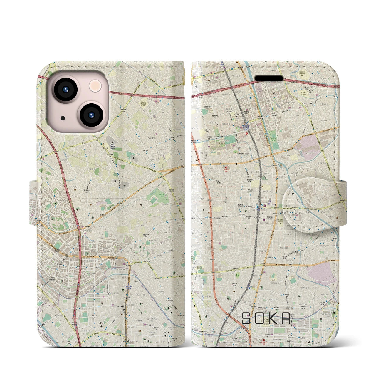 【草加(埼玉県)】地図柄iPhoneケース(手帳タイプ)ナチュラル・iPhone 13 mini 用