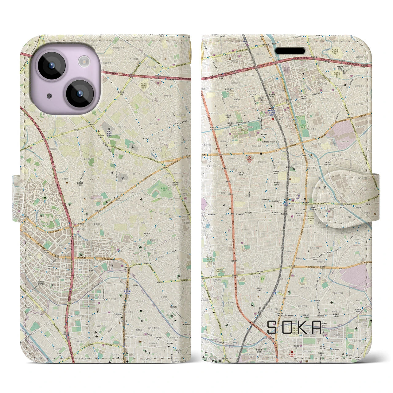 【草加(埼玉県)】地図柄iPhoneケース(手帳タイプ)ナチュラル・iPhone 14 用