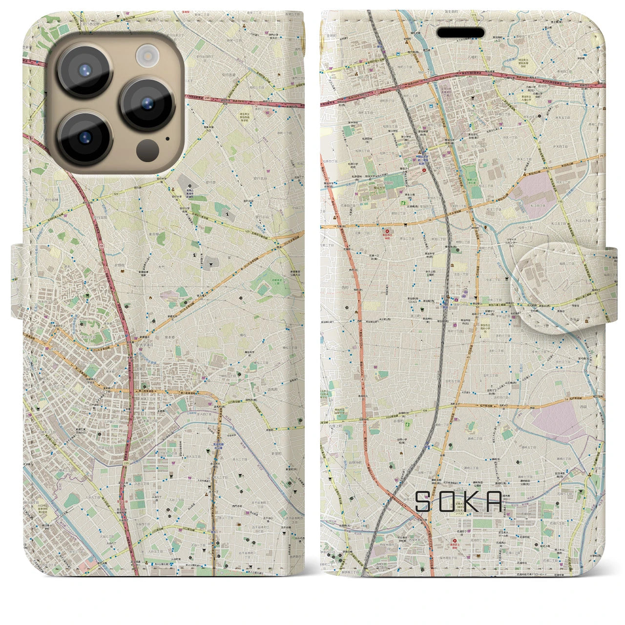 【草加(埼玉県)】地図柄iPhoneケース(手帳タイプ)ナチュラル・iPhone 14 Pro Max 用