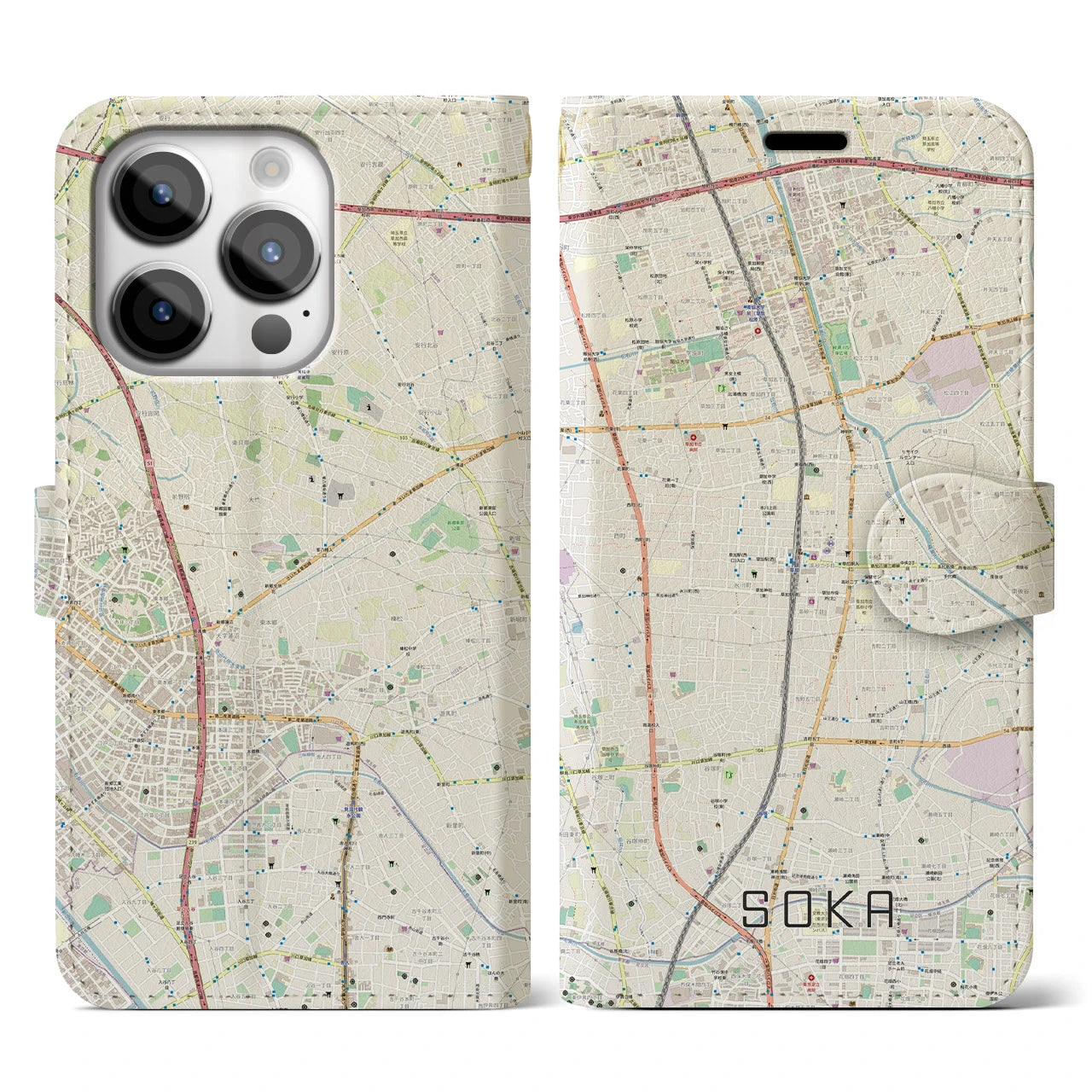 【草加(埼玉県)】地図柄iPhoneケース(手帳タイプ)ナチュラル・iPhone 14 Pro 用