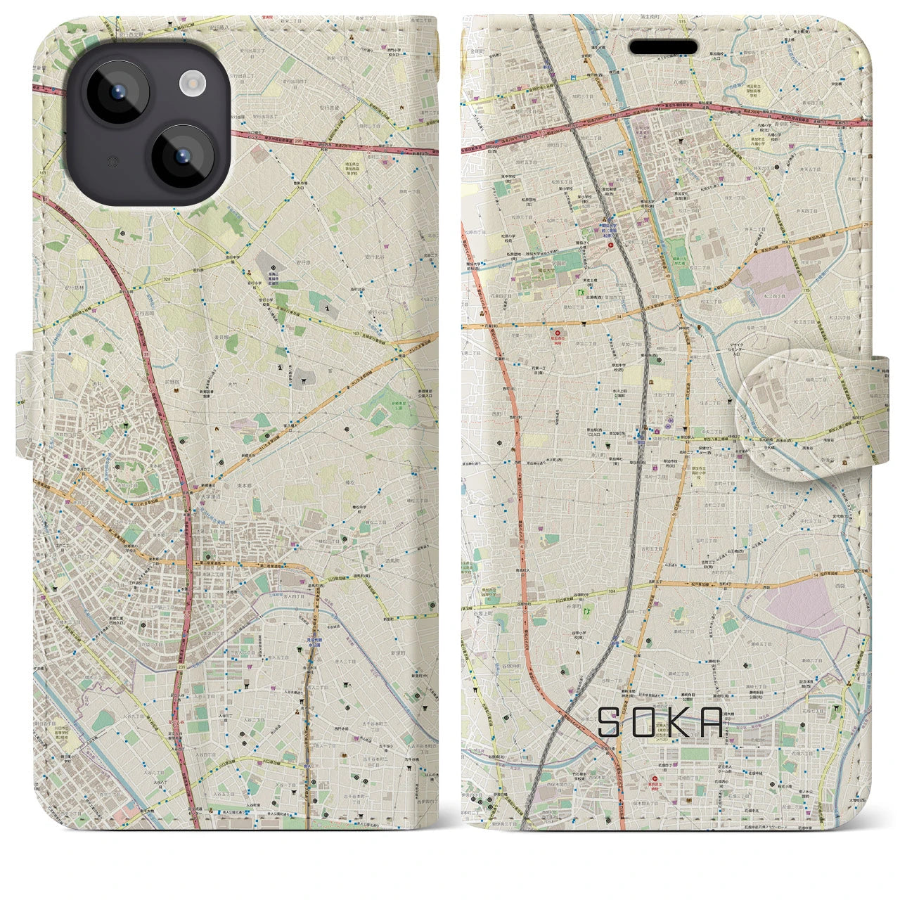 【草加(埼玉県)】地図柄iPhoneケース(手帳タイプ)ナチュラル・iPhone 14 Plus 用