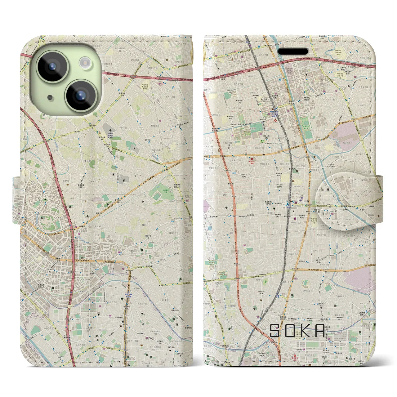 【草加(埼玉県)】地図柄iPhoneケース(手帳タイプ)ナチュラル・iPhone 15 用