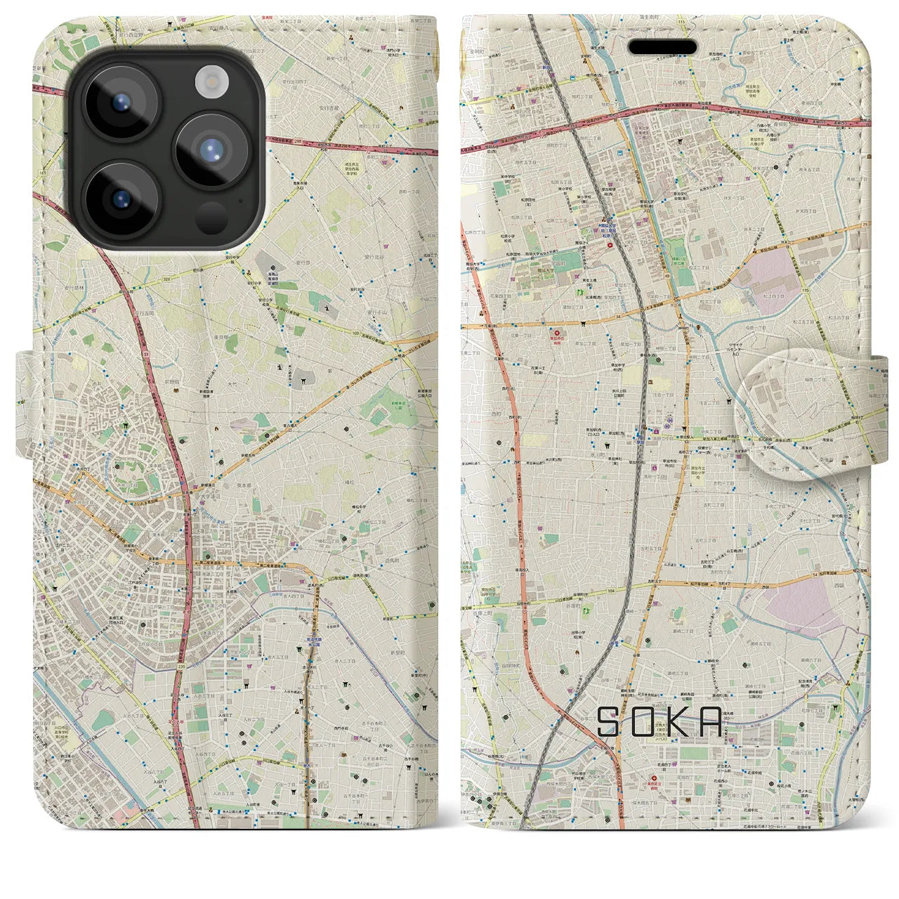 【草加(埼玉県)】地図柄iPhoneケース(手帳タイプ)ナチュラル・iPhone 15 Pro Max 用