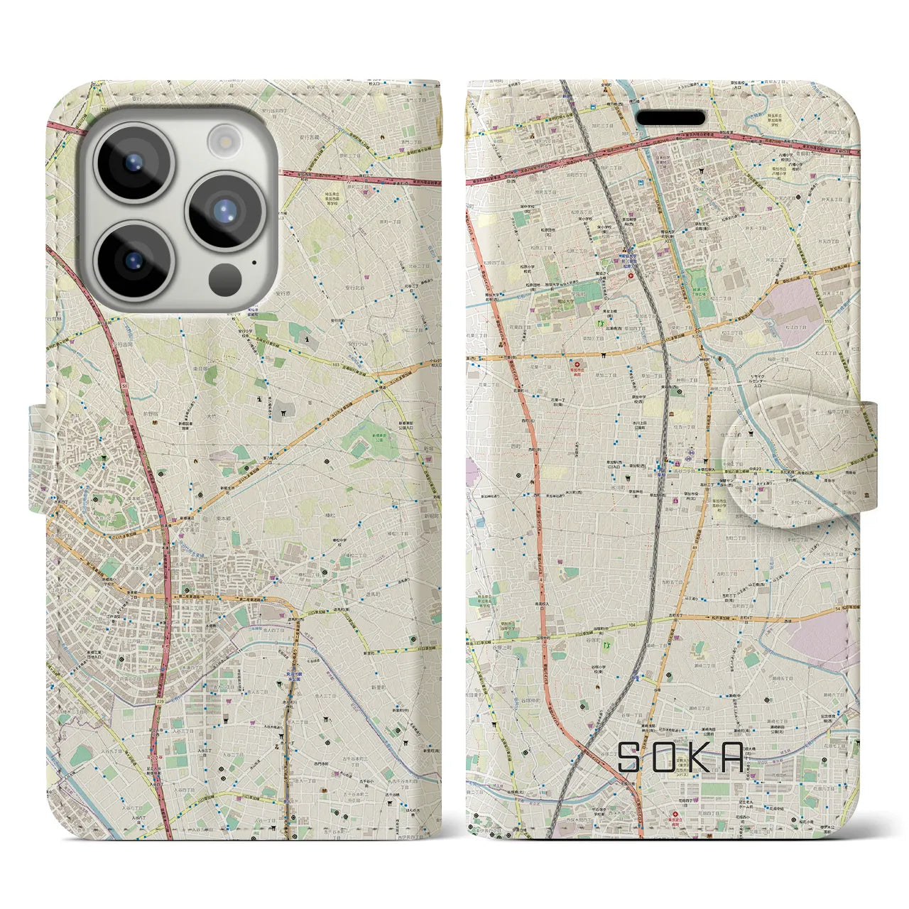 【草加(埼玉県)】地図柄iPhoneケース(手帳タイプ)ナチュラル・iPhone 15 Pro 用