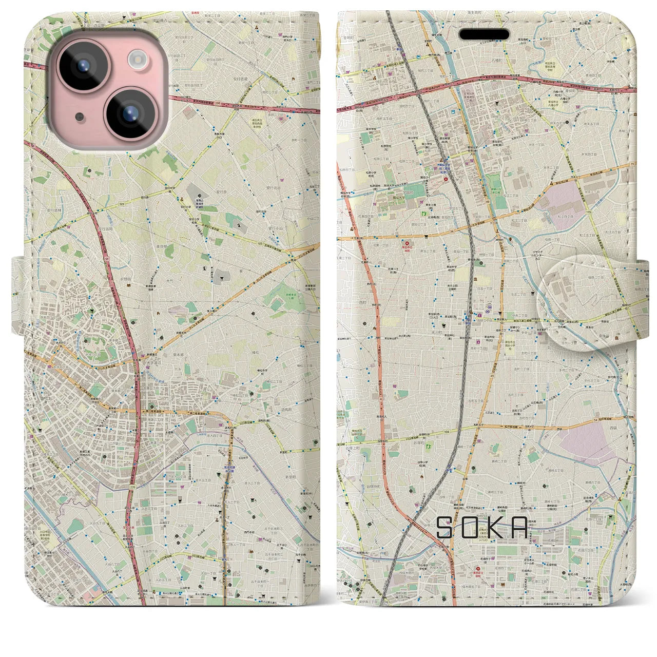 【草加(埼玉県)】地図柄iPhoneケース(手帳タイプ)ナチュラル・iPhone 15 Plus 用