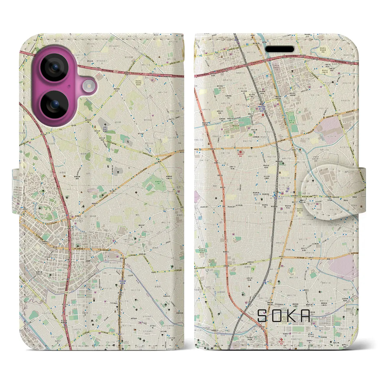 【草加(埼玉県)】地図柄iPhoneケース(手帳タイプ)ナチュラル・iPhone 16 Pro 用