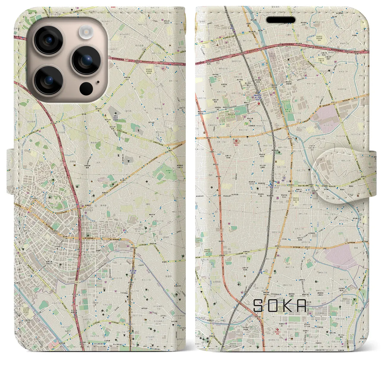 【草加(埼玉県)】地図柄iPhoneケース(手帳タイプ)ナチュラル・iPhone 16 Plus 用