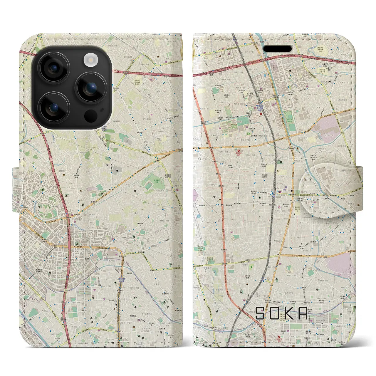 【草加(埼玉県)】地図柄iPhoneケース(手帳タイプ)ナチュラル・iPhone 16 用