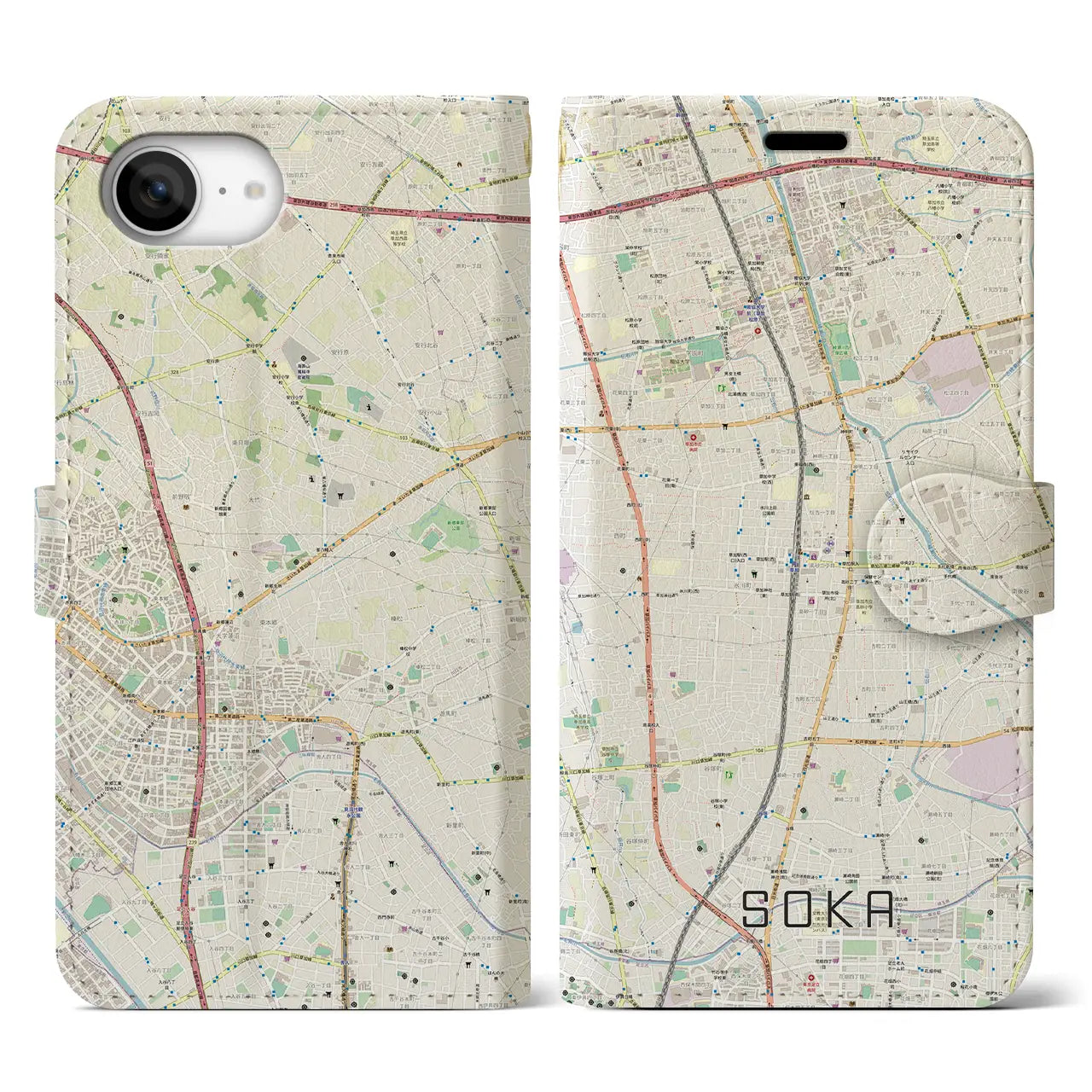 【草加(埼玉県)】地図柄iPhoneケース(手帳タイプ)