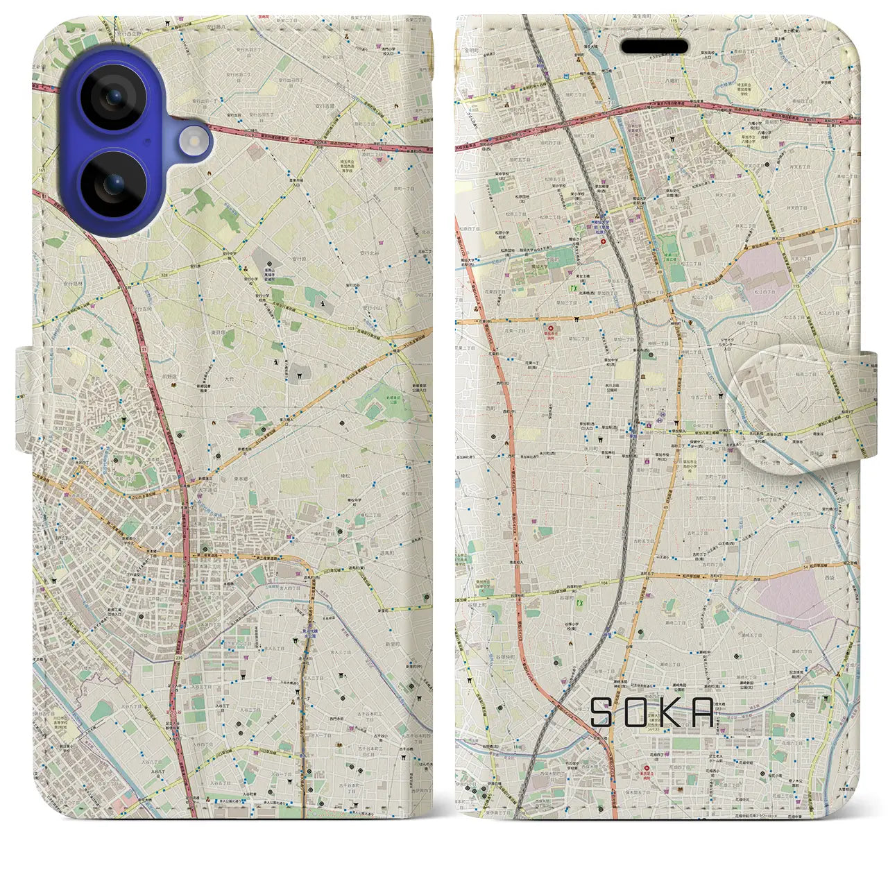 【草加(埼玉県)】地図柄iPhoneケース(手帳タイプ)ナチュラル・iPhone 16 Pro Max 用