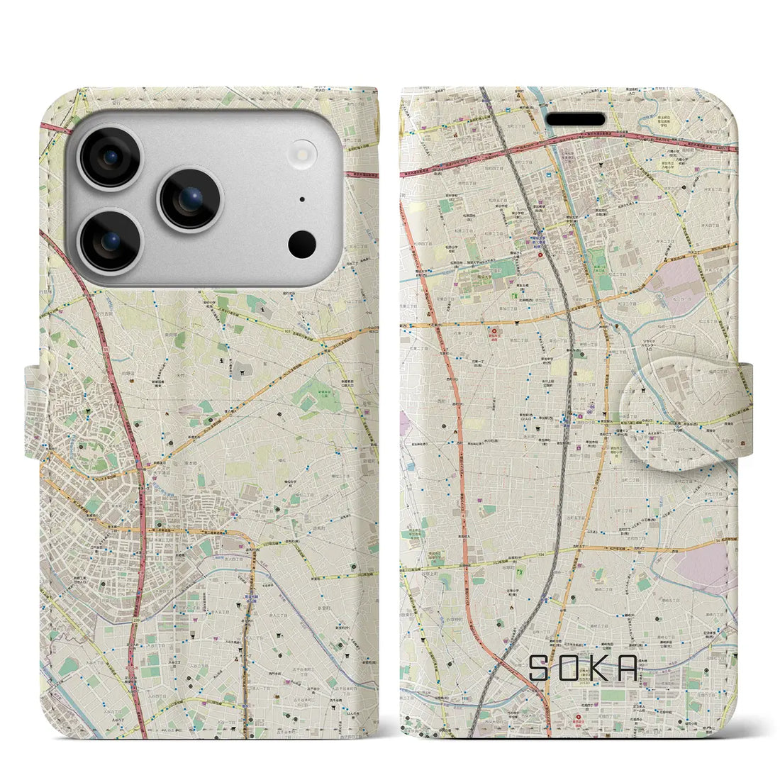 【草加(埼玉県)】地図柄iPhoneケース(手帳タイプ)ナチュラル・iPhone 17 Pro Max 用