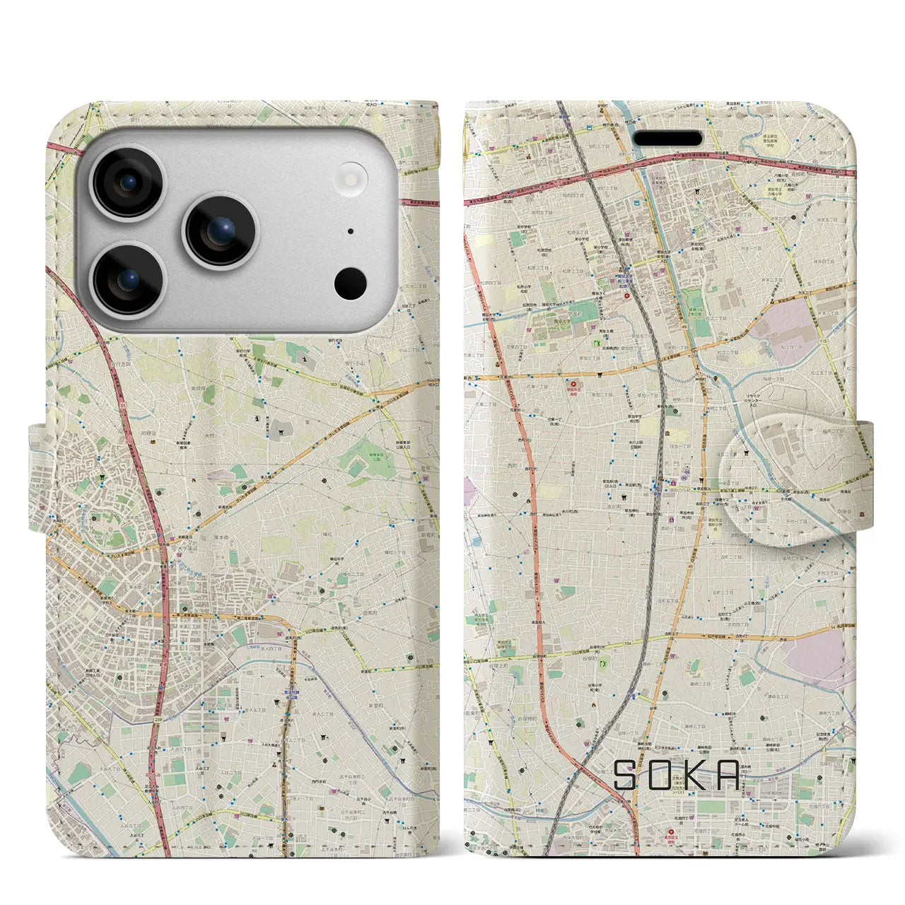 【草加(埼玉県)】地図柄iPhoneケース(手帳タイプ)ナチュラル・iPhone 17 Pro Max 用