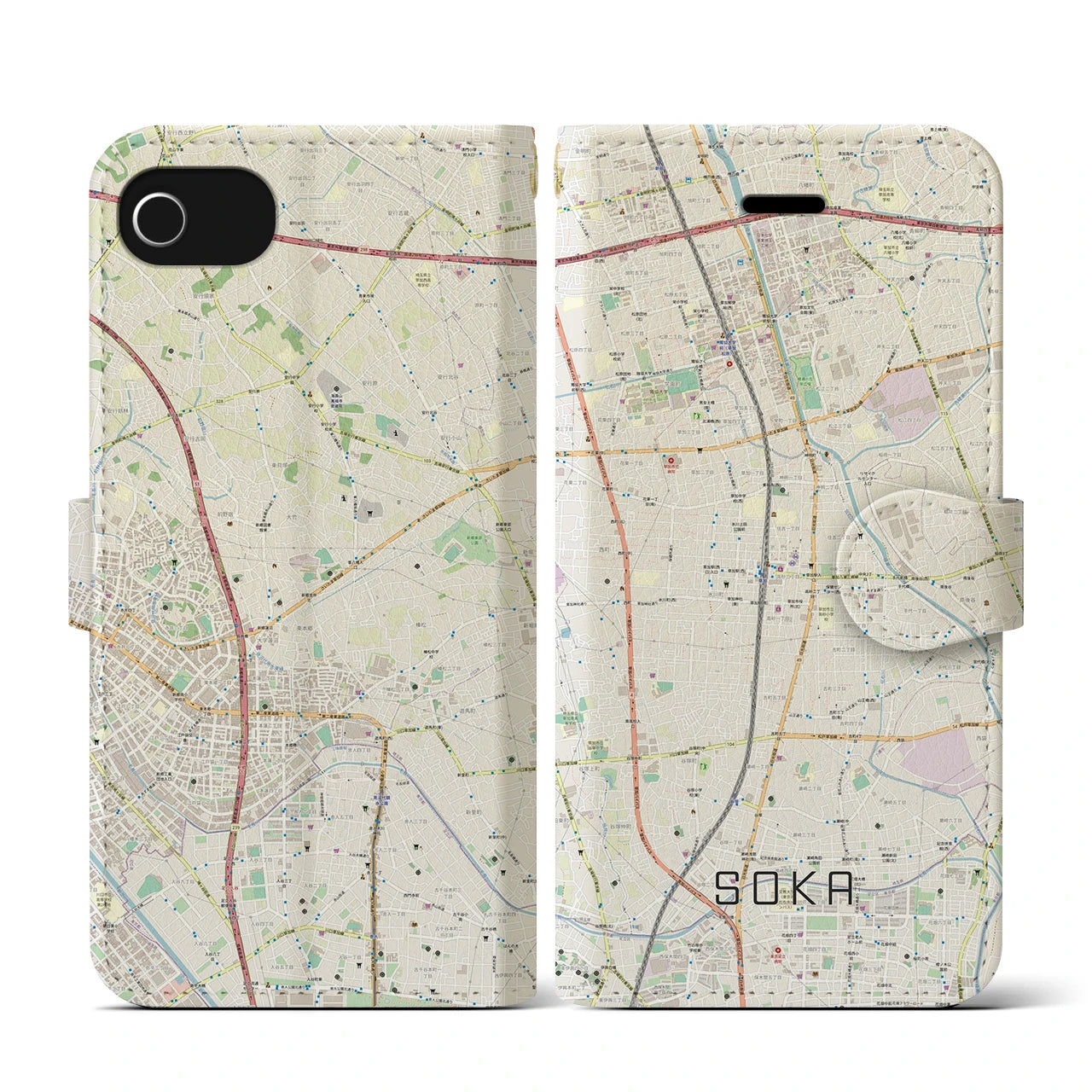 【草加(埼玉県)】地図柄iPhoneケース(手帳タイプ)ナチュラル・iPhone SE(第3 / 第2世代) / 8 / 7 / 6s / 6 用