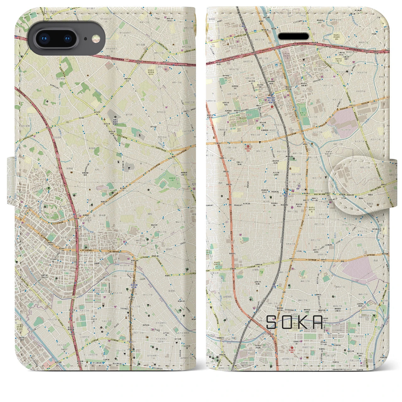 【草加(埼玉県)】地図柄iPhoneケース(手帳タイプ)ナチュラル・iPhone 8Plus /7Plus / 6sPlus / 6Plus 用