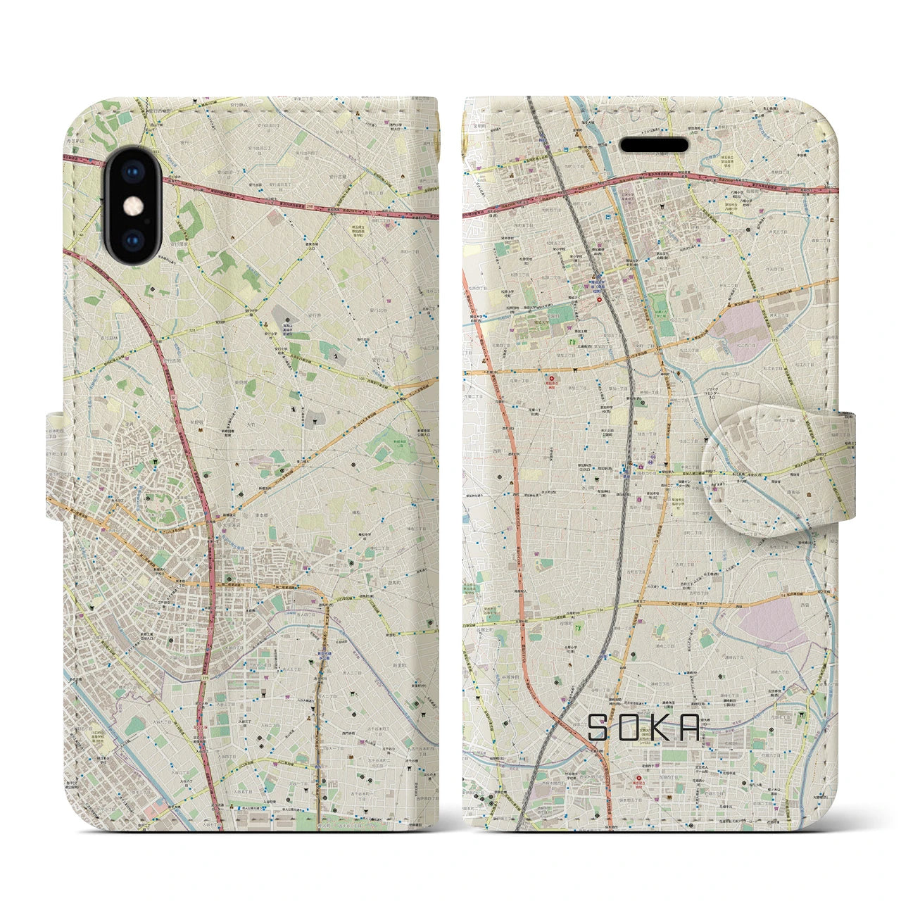 【草加(埼玉県)】地図柄iPhoneケース(手帳タイプ)ナチュラル・iPhone XS / X 用