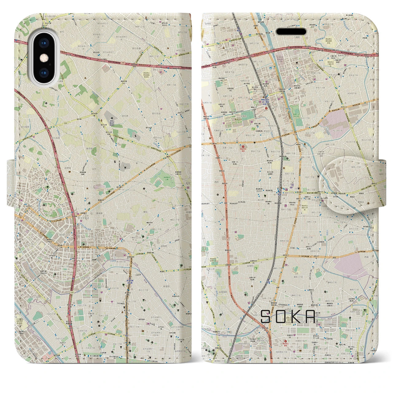 【草加(埼玉県)】地図柄iPhoneケース(手帳タイプ)ナチュラル・iPhone XS Max 用
