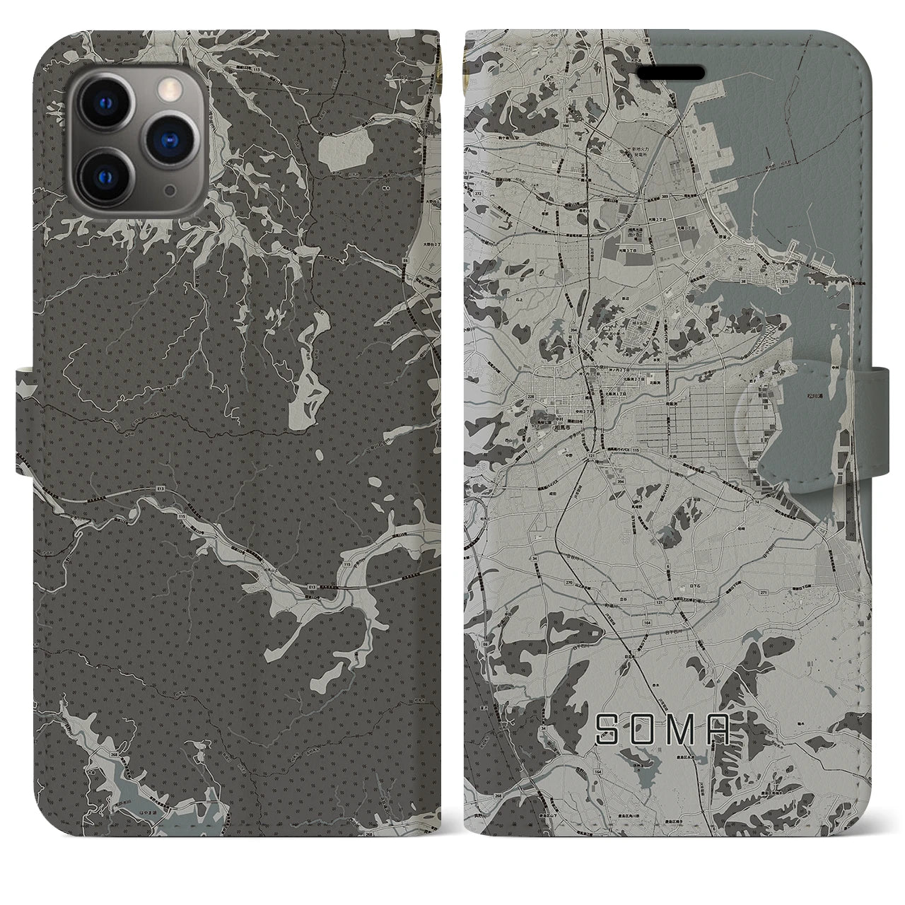 【相馬(福島県)】地図柄iPhoneケース(手帳タイプ)モノトーン・iPhone 11 Pro Max 用