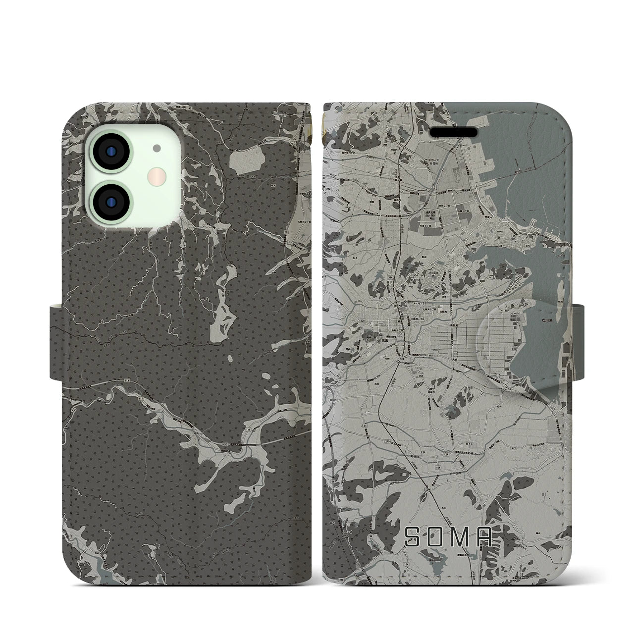 【相馬(福島県)】地図柄iPhoneケース(手帳タイプ)モノトーン・iPhone 12 mini 用