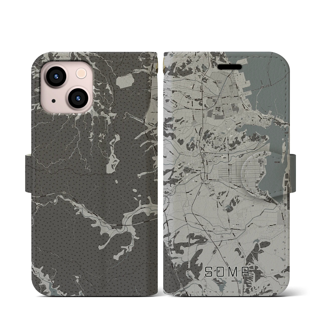 【相馬(福島県)】地図柄iPhoneケース(手帳タイプ)モノトーン・iPhone 13 mini 用