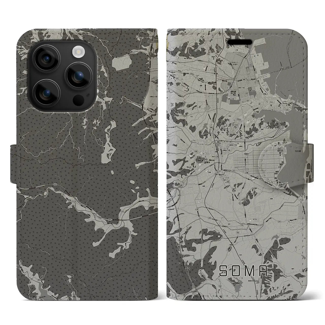 【相馬(福島県)】地図柄iPhoneケース(手帳タイプ)モノトーン・iPhone 16 用