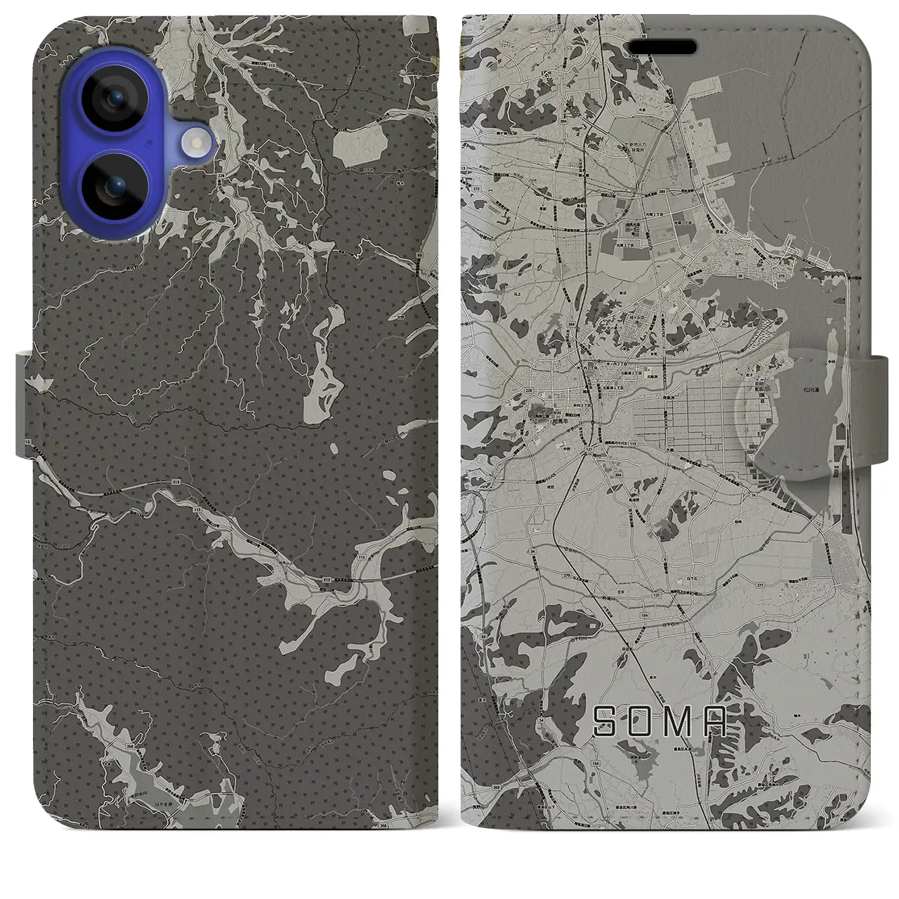 【相馬(福島県)】地図柄iPhoneケース(手帳タイプ)モノトーン・iPhone 16 Pro Max 用