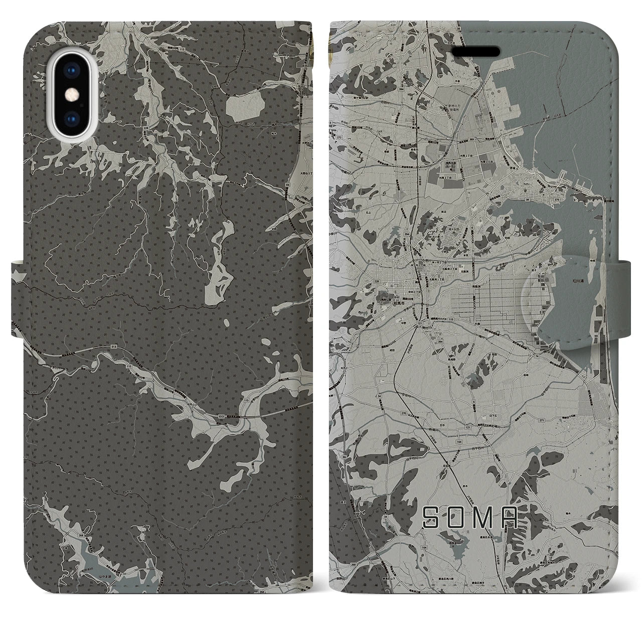 【相馬(福島県)】地図柄iPhoneケース(手帳タイプ)モノトーン・iPhone XS Max 用