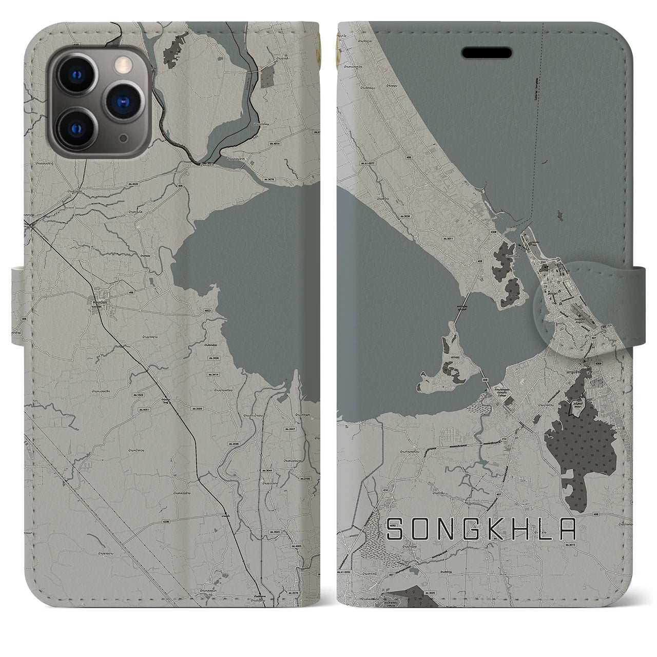 【ソンクラー(タイ)】地図柄iPhoneケース(手帳タイプ)モノトーン・iPhone 11 Pro Max 用