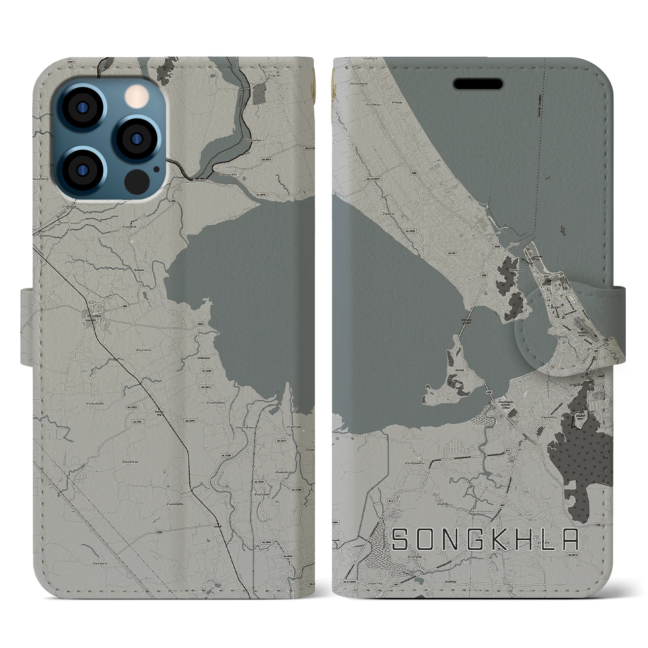【ソンクラー(タイ)】地図柄iPhoneケース(手帳タイプ)モノトーン・iPhone 12 / 12 Pro 用