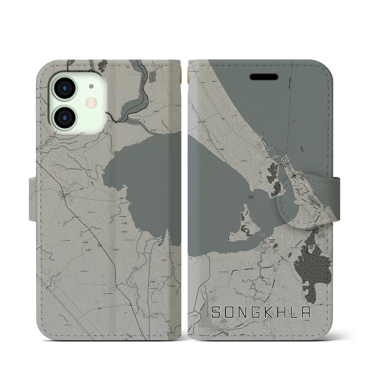 【ソンクラー(タイ)】地図柄iPhoneケース(手帳タイプ)モノトーン・iPhone 12 mini 用