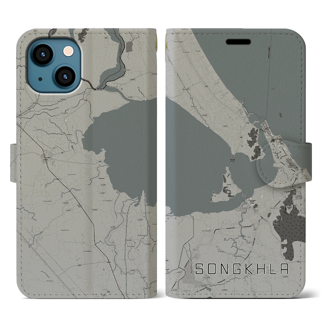 【ソンクラー(タイ)】地図柄iPhoneケース(手帳タイプ)モノトーン・iPhone 13 用