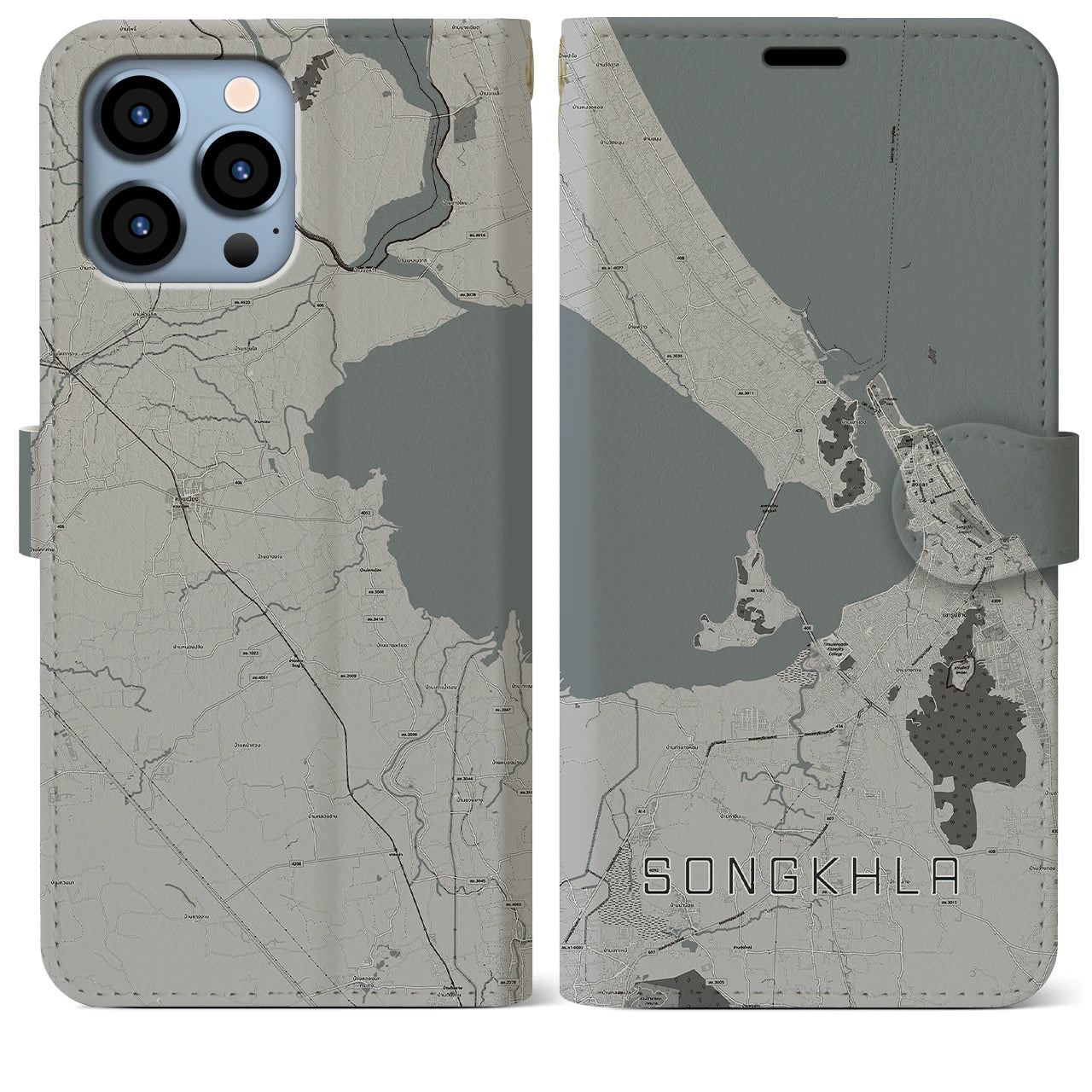 【ソンクラー(タイ)】地図柄iPhoneケース(手帳タイプ)モノトーン・iPhone 13 Pro Max 用