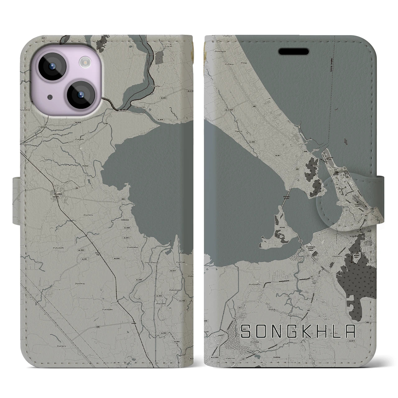 【ソンクラー(タイ)】地図柄iPhoneケース(手帳タイプ)モノトーン・iPhone 14 用