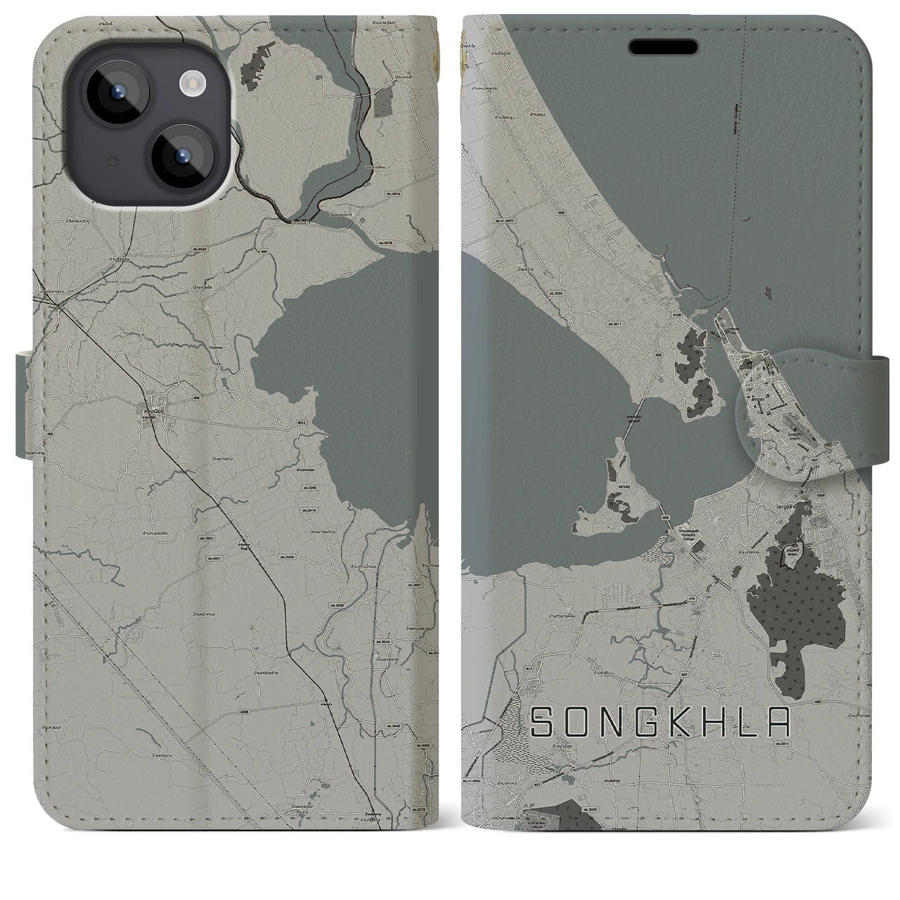 【ソンクラー(タイ)】地図柄iPhoneケース(手帳タイプ)モノトーン・iPhone 14 Plus 用