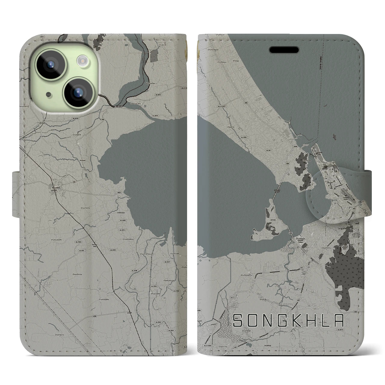 【ソンクラー(タイ)】地図柄iPhoneケース(手帳タイプ)モノトーン・iPhone 15 用