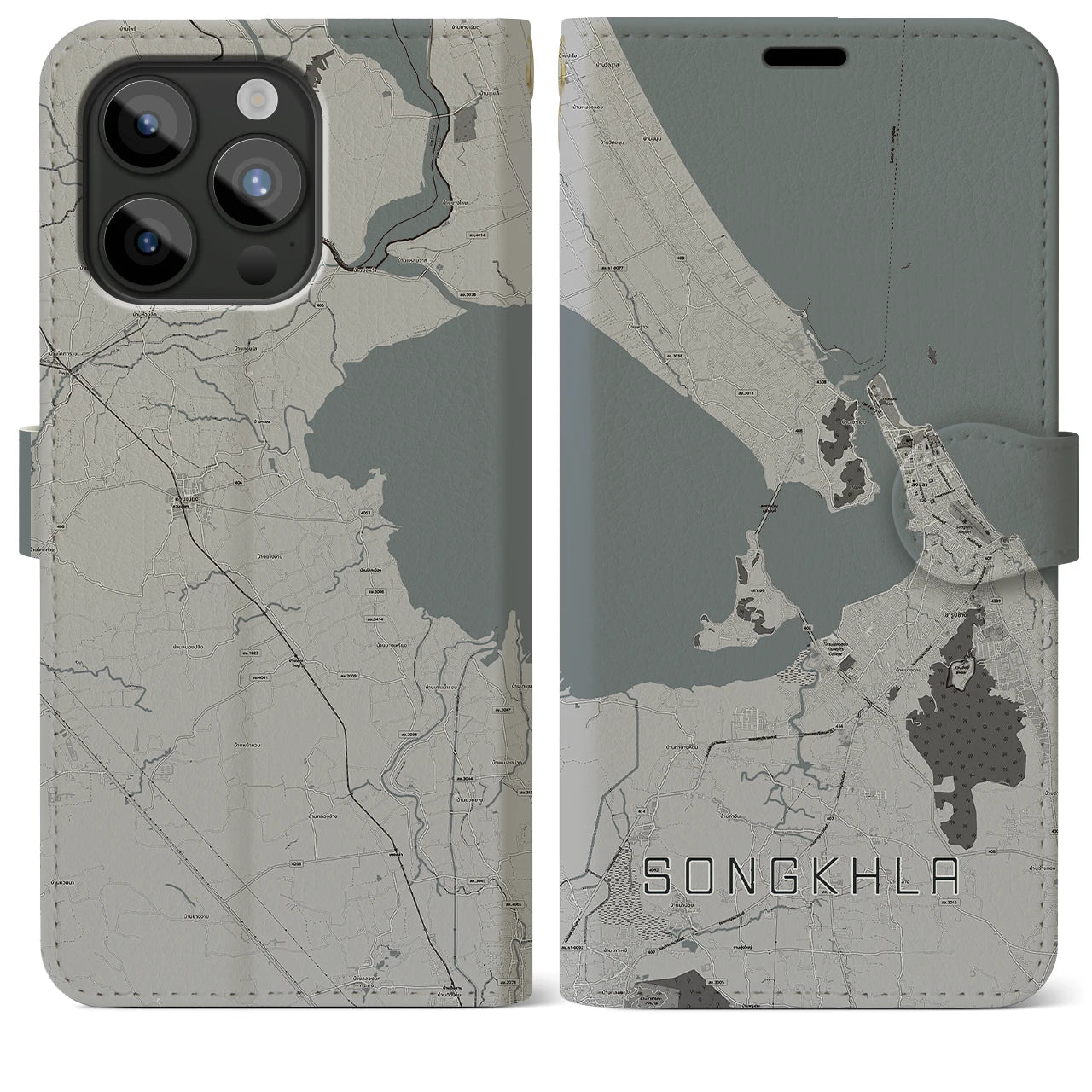 【ソンクラー(タイ)】地図柄iPhoneケース(手帳タイプ)モノトーン・iPhone 15 Pro Max 用