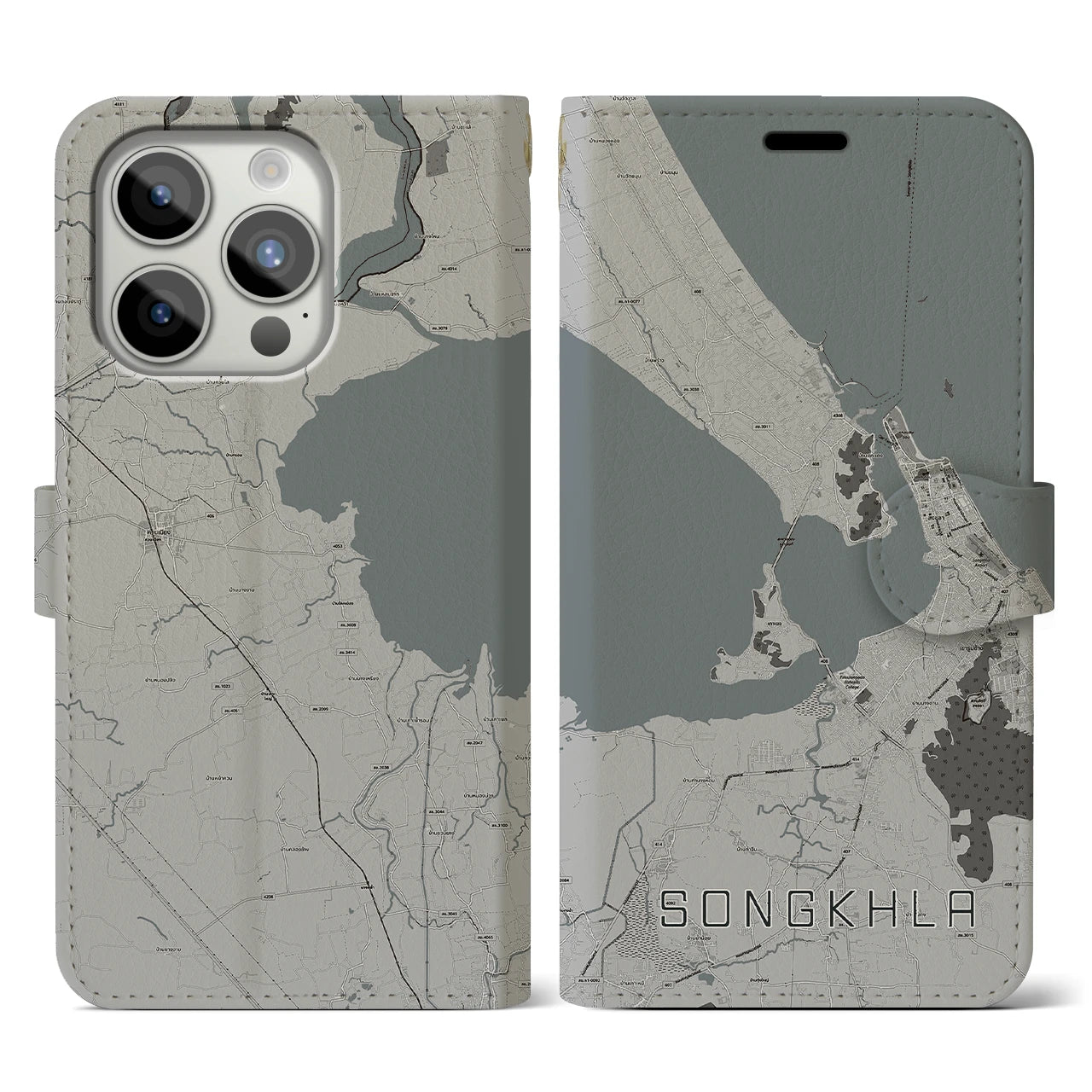【ソンクラー(タイ)】地図柄iPhoneケース(手帳タイプ)モノトーン・iPhone 15 Pro 用