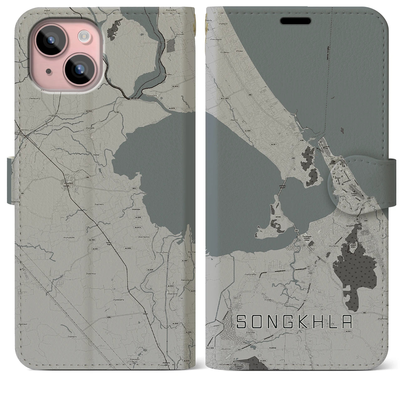 【ソンクラー(タイ)】地図柄iPhoneケース(手帳タイプ)モノトーン・iPhone 15 Plus 用