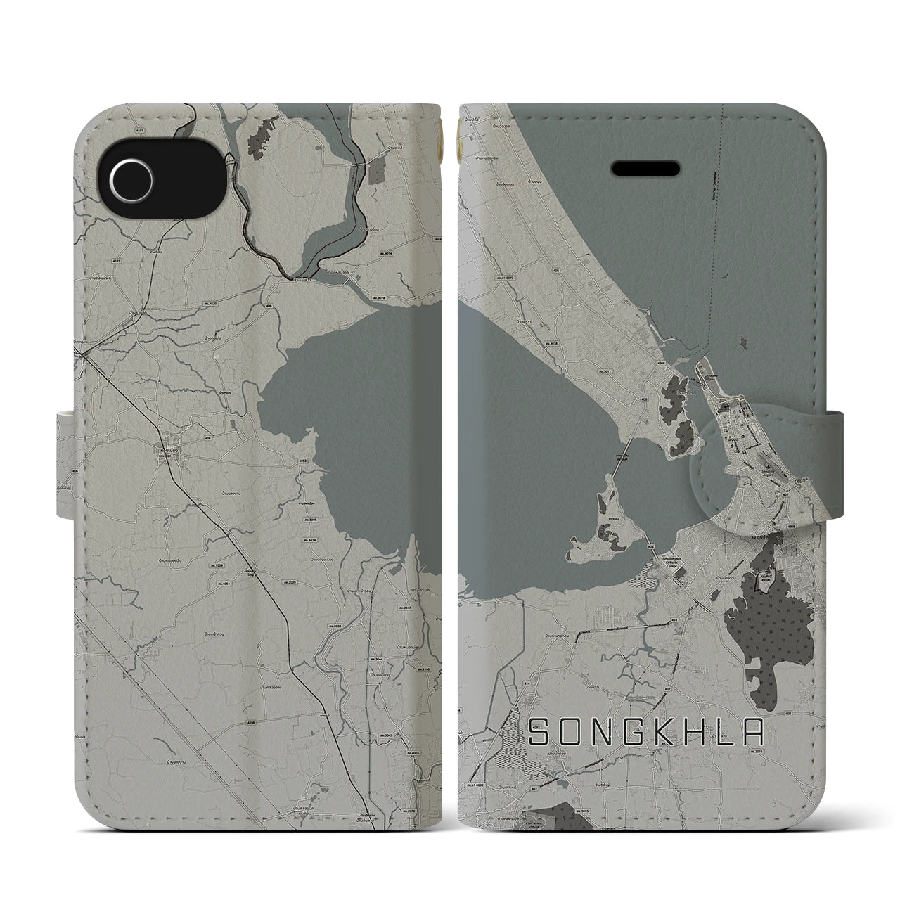 【ソンクラー(タイ)】地図柄iPhoneケース(手帳タイプ)モノトーン・iPhone SE(第3 / 第2世代) / 8 / 7 / 6s / 6 用