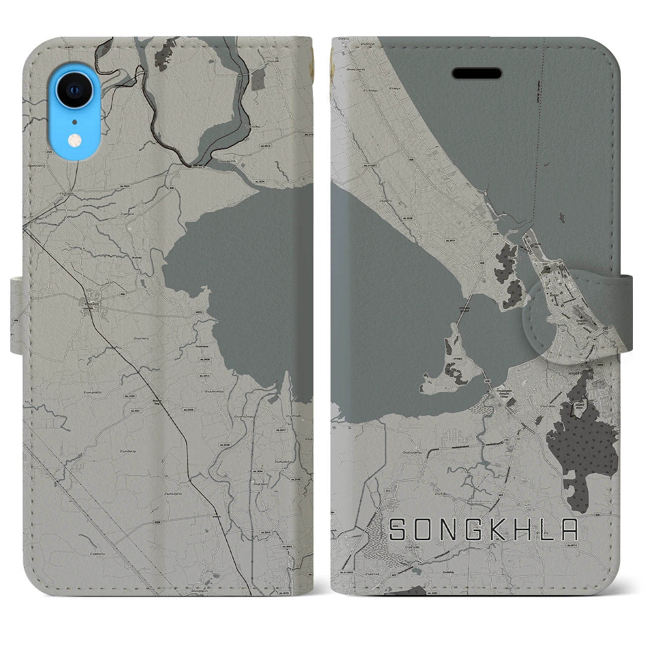 【ソンクラー(タイ)】地図柄iPhoneケース(手帳タイプ)モノトーン・iPhone XR 用