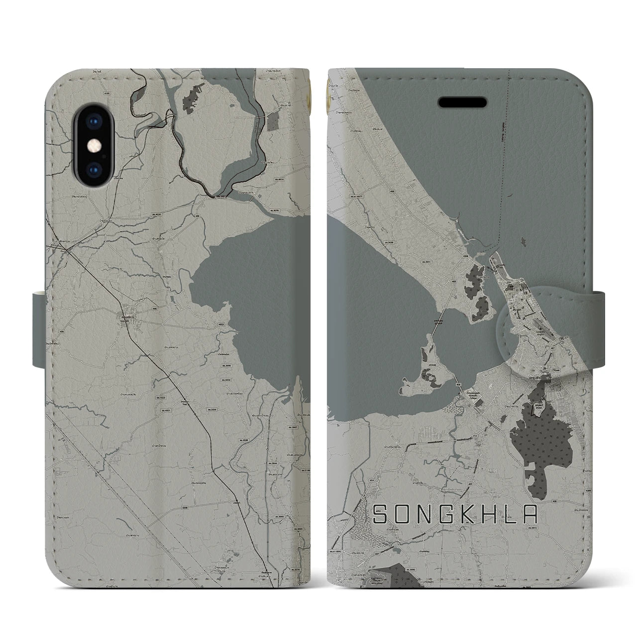 【ソンクラー(タイ)】地図柄iPhoneケース(手帳タイプ)モノトーン・iPhone XS / X 用
